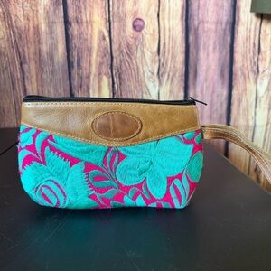 Leather and Embroidered Brown and Teal Women's Clutch